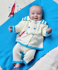 space rocket knitted childrens pram coat by powell craft