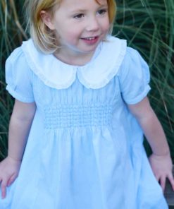 blue and white striped girls dress with smocking detail by powell craft