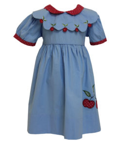 blue embroidered girls cherry dress by powell craft