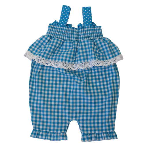 blue gingham cat childs romper by powell craft
