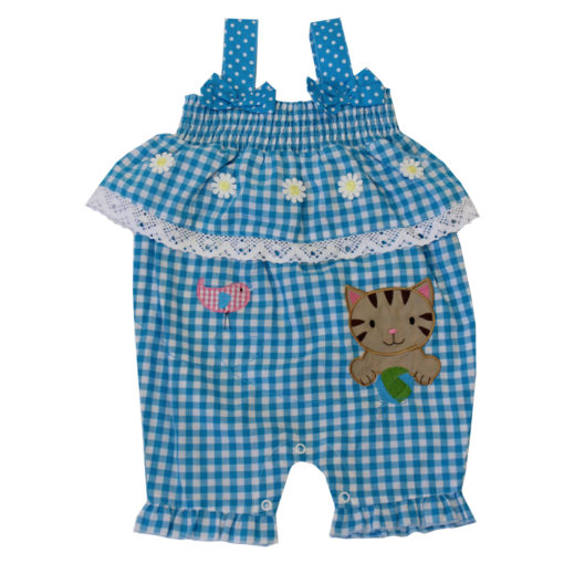 blue gingham cat childs romper by powell craft